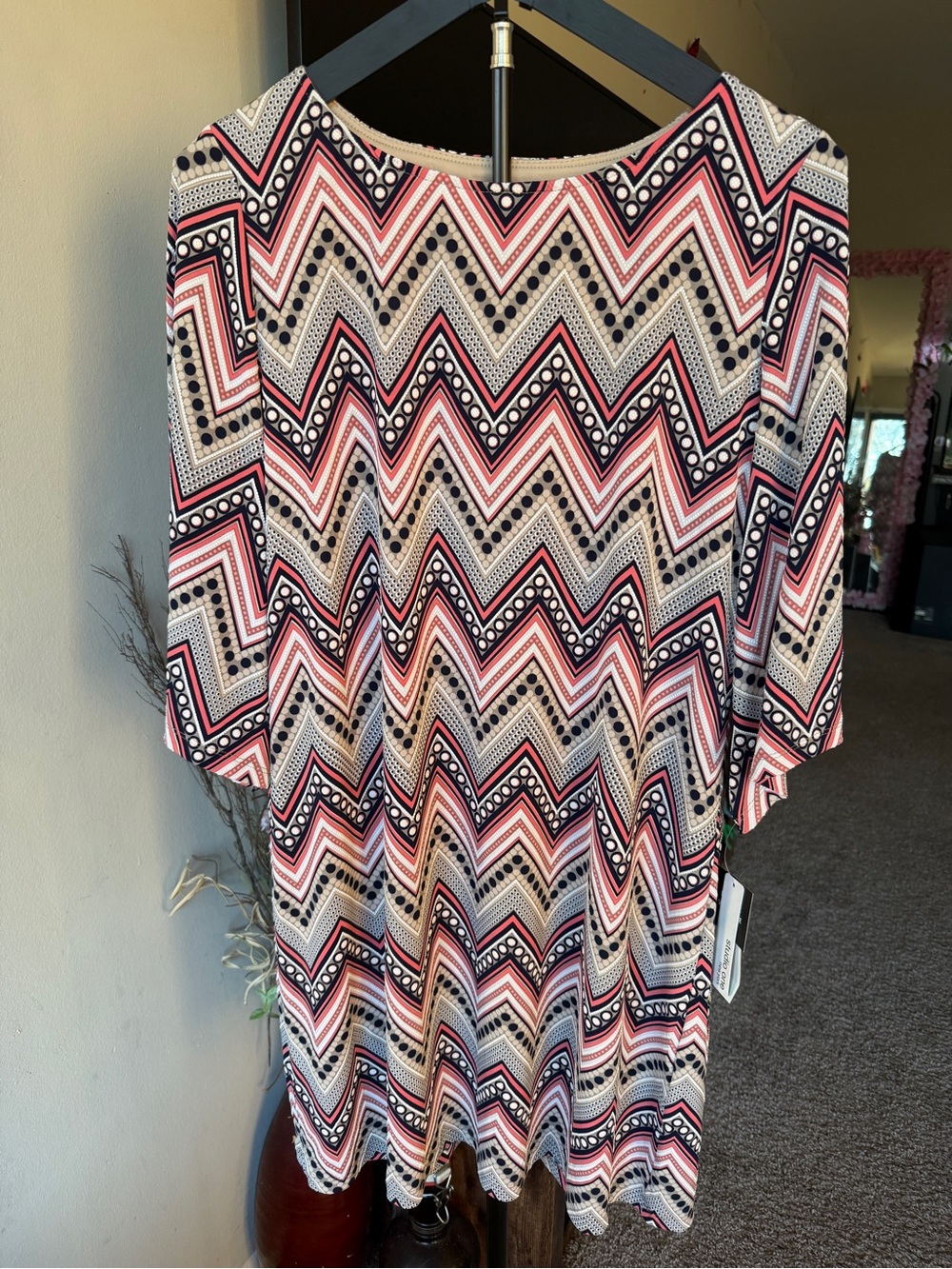 Chevron Midi Dress in Pink, Black & White by